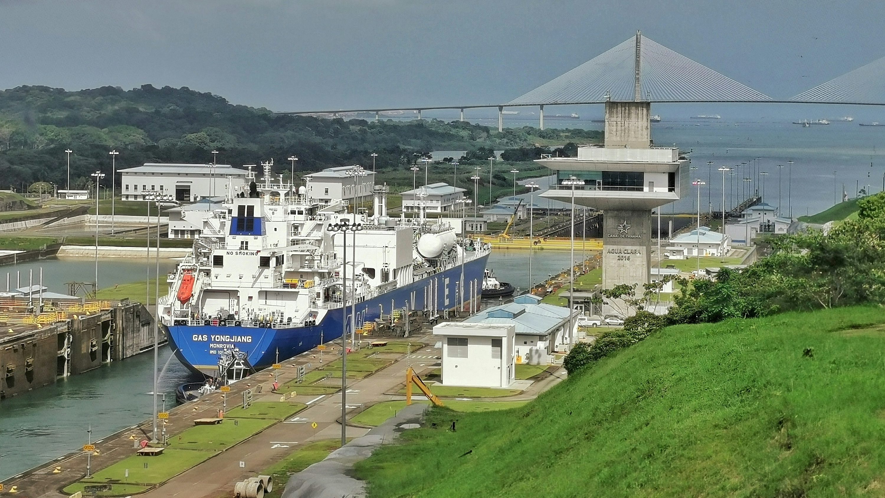 Cargo ship passing through the Panama Canal